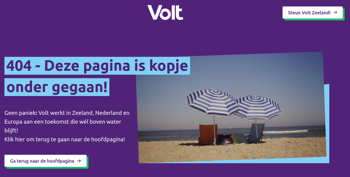 Volt Zeeland 404 page showing "this page is lost under water" message